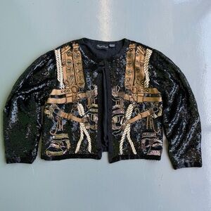 Oleg Cassini Black and Gold Blazer with Ornate Detailing